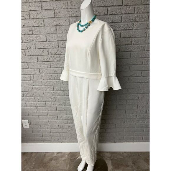 Black Halo Brooklyn Woman 3/4 Sleeve Ivory Crepe Jumpsuit Size 12 - Picture 5 of 9